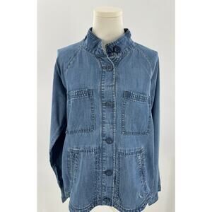 Eddie Bauer Womens Chambray Shirt Jacket Jean Blue Lightweight Band Collar M